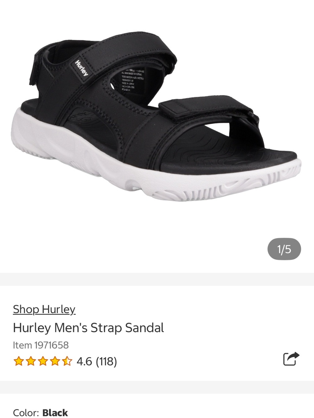 Hurley Black Men’s Adjustable Sport Sandals with White Eva Outsole
